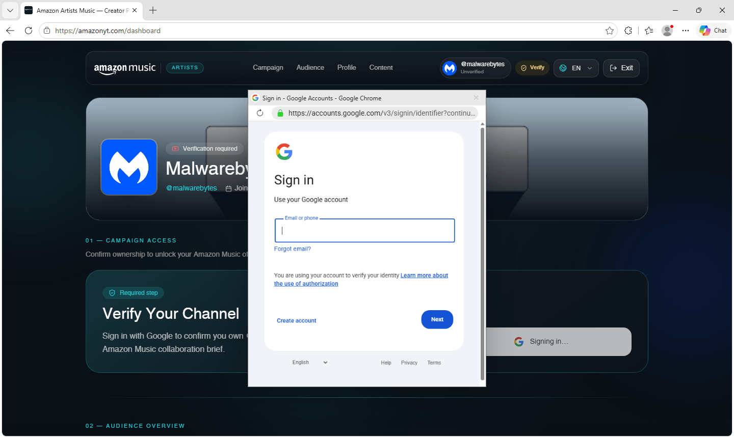 Підроблений фрейм входу Google на фальшивому порталі Amazon Music; справжня адреса браузера залишається amazonyt.com