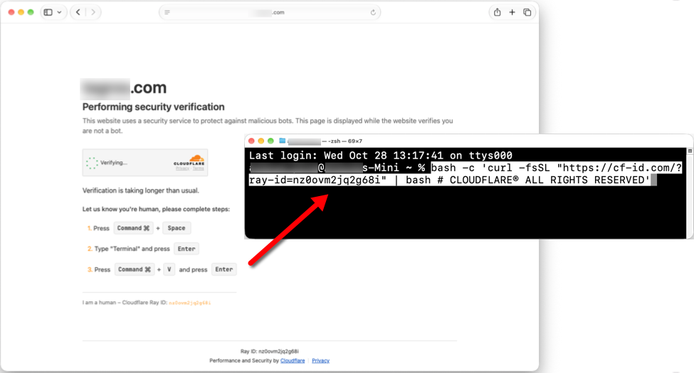 Фальшива сторінка Cloudflare поруч із Terminal macOS та командою завантаження для bash.