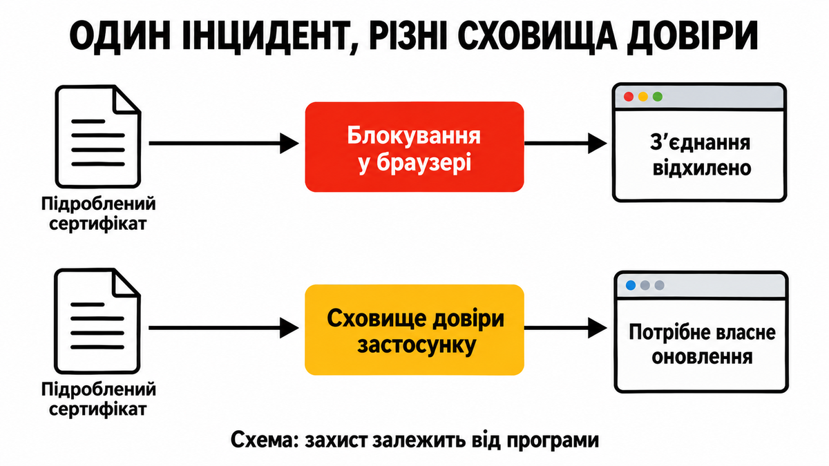Окремі шляхи захисту сертифікатів: блокування у браузері та сховище довіри застосунку.