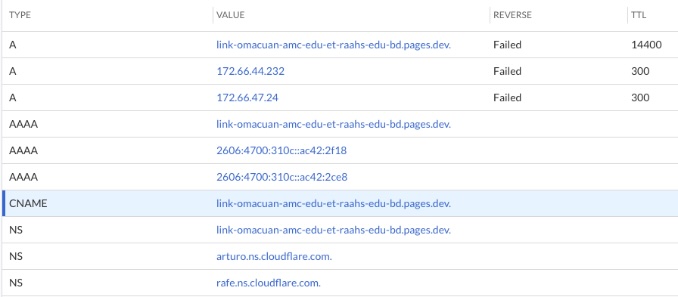 DNS-запит із виділеним CNAME, що вказує на адресу Cloudflare Pages.