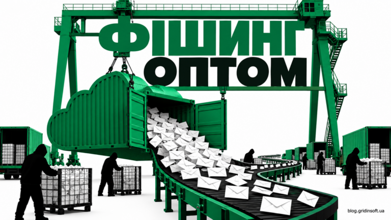 Із контейнера у формі хмари виходять конверти під зеленою конструкцією з написом «Фішинг оптом».