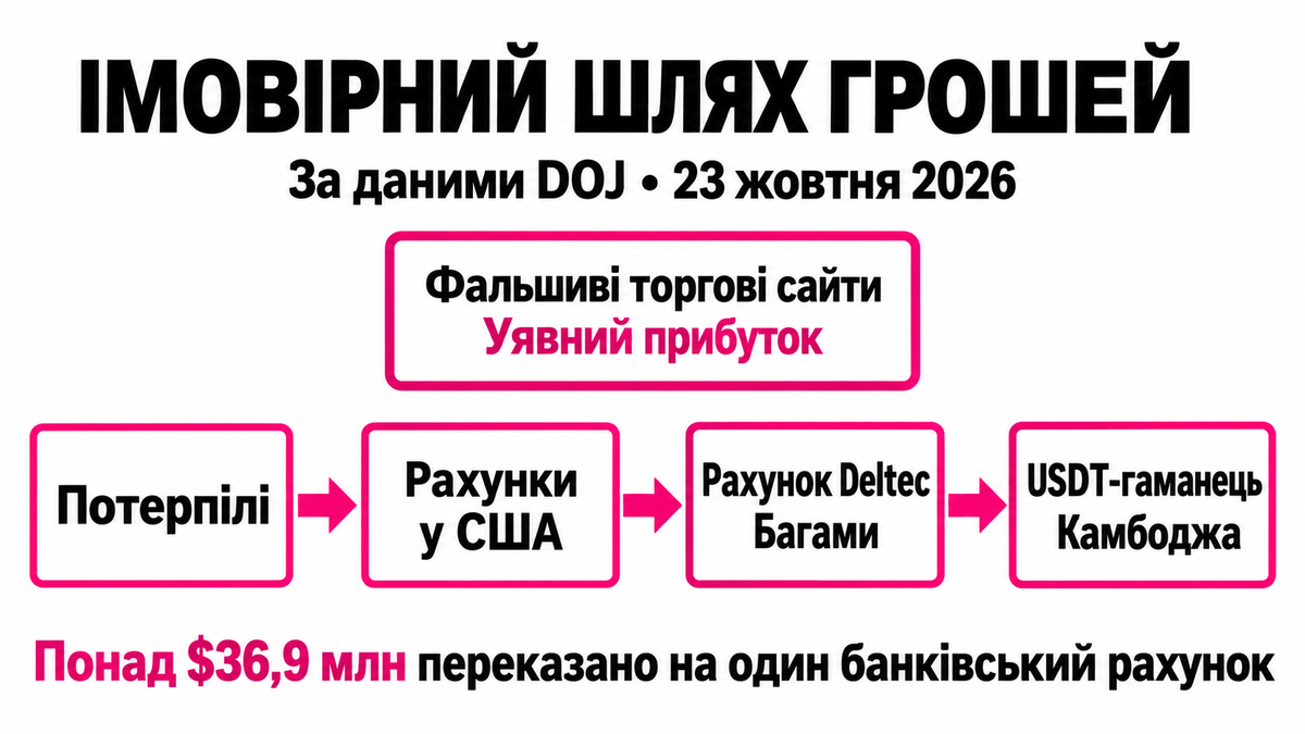 Імовірний маршрут від потерпілих через рахунки у США та Deltec Bank до USDT-гаманця в Камбоджі